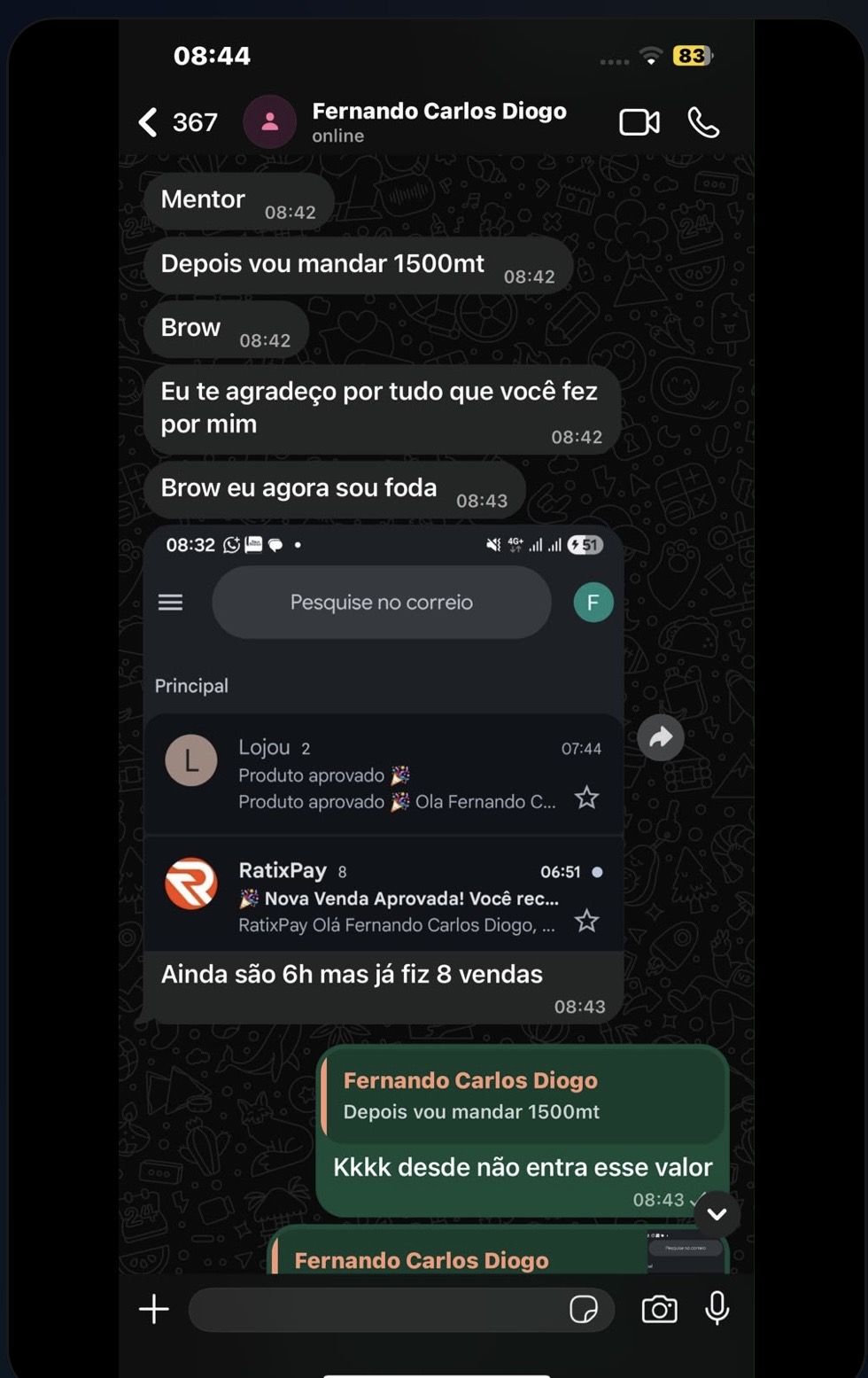 Conversa no WhatsApp de um aluno relatando vendas após aplicar o método